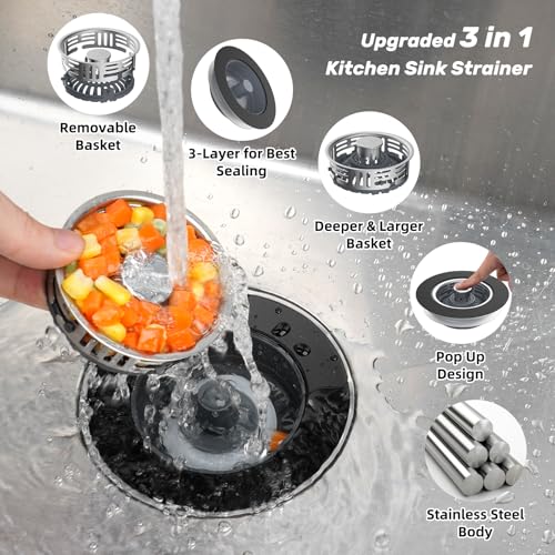 Hibbent Upgraded 3 in 1 Kitchen Sink Drain Strainer, Stainless Steel Pop Up Sink Stopper, Larger Anti-Clogging Basket, 3-Layer Seal, Detachable Drain Plug for US Standard 3-1/2" Drain, Matte Black - color: Matte Black