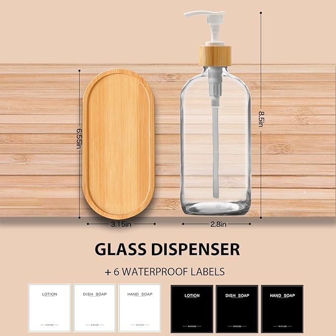 Clear Glass Soap Dispenser with Bamboo Pumps&Tray&Labels, Hand Dispenser, Lotion Dispenser, Dish Soap Dispenser for Kitchen Sink. (Clear) - color: Clear