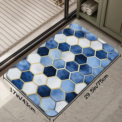 Blue Marble Bathroom Mat, Non-Slip Rubber Backing Thin Low-Profile Bath Rug, Easy-Clean Bathroom Floor Mat for Shower, Bathtub, Kitchen, or Entryway - color: Blue
