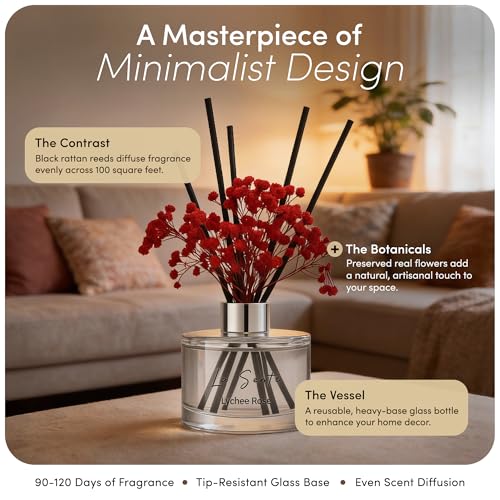 Reed Diffuser Set (6.7fl oz), Natural Lychee Rose Essential Oil Fragrance with Glass Bottle, Black Rattan Sticks & Preserved Flowers, Up to 120 Days Lasting Fragrance for Home & Office