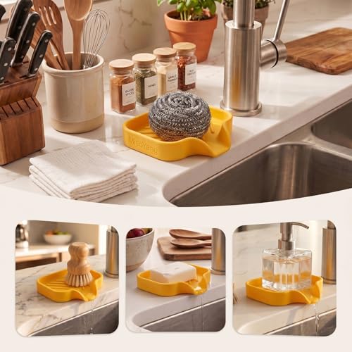 MicoYang Silicone Soap Dish with Drain Spout, Self-Draining Sink Organizer Tray for Bathroom and Kitchen, Sponges, Dispensers and Soap Holder, Non-Slip & Dishwasher Safe, Yellow (Compact, 4.9"×3.2") - color: Yellow, size: S(4.9"×3.2")