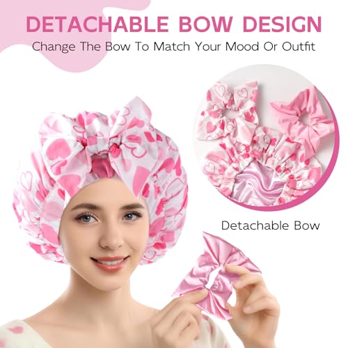 Years Calm Extra Large Shower Cap for Long Thick Hair – Waterproof Double Layer Bath Cap with Satin Lining, Secure Elastic Fit for Braids, Curls & Extensions - color: Pink Heart