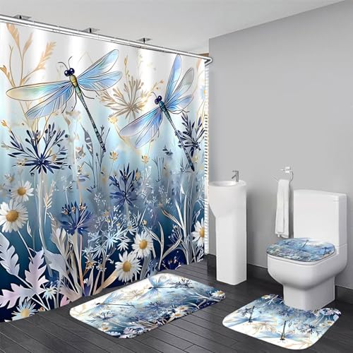 DDQQ 4Pcs Blue Flower Dragonfly Shower Curtain Set with Rugs, Floral Plant Neutral Bathroom Decor Set Waterproof Bathtub with Carpet Bath Mat Toilet - color: Blue