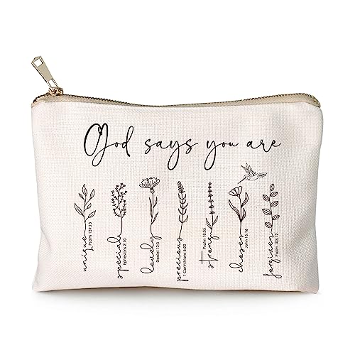 God Says You Are Makeup Bag, Christian Bible Verse Cosmetic Pouch for Women, Inspirational Floral Toiletry Bag, Positive Affirmation Gift for Her, Travel Makeup Case (God says you are...) - color: God says you are...