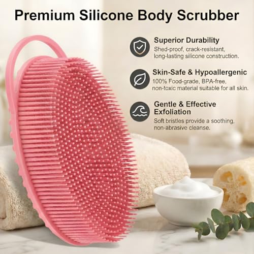 Silicone Body Scrubber, Exfoliating Loofah Alternative for Women Men, Soft Silicone Body Shower, 2 in 1 Bath and Shampoo Brush for Sensitive Skin, Back,Showering, Brush Exfoliator (Pink) - size: Pink