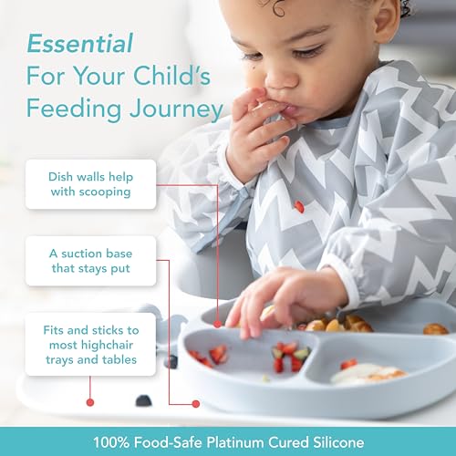 Bumkins Toddler and Baby Suction Plate, Divided Grip Dish for Babies and Kids, Baby Led Weaning, Feeding Supplies, Sticks to Tables and Highchairs, Platinum Silicone, for Chidren 6 Months, Gray - color: E2 Gray-GD