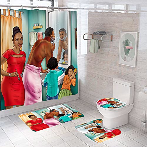 The Family Theme 4Pcs Kids Shower Curtain Set with Non-Slip Rugs and Toilet Lid Cover African Couple Black Girl Fabric Shower Curtain Bathroom Decor with Hooks Waterproof Washable 72"x72" - color: Pink Green