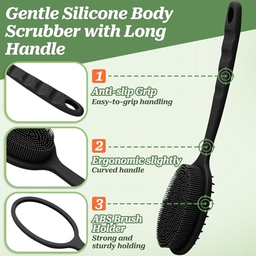 Silicone Back Scrubber, Soft Silicone Loofah with Handle, Gentle Exfoliating Back Scrubber, Back Brush Bath Brush with Two Dual-Side & Detachable Brush Heads(Black-Two Heads) - color: Black-two Heads