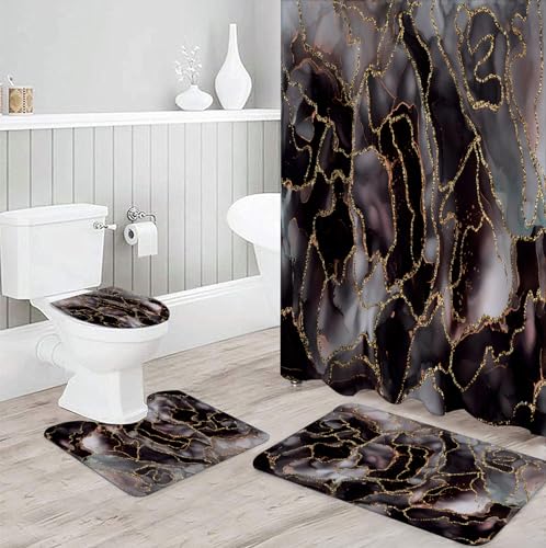 Purple Marble Shower Curtain with Bath Rugs Sets, 4 Pcs Marble Patterns with Gold Lines Bathroom Décor with Toilet Seat Cover Mats Absorbent Pedestal Pads and Waterproof Shower Curtains + Hooks - color: Purple 02