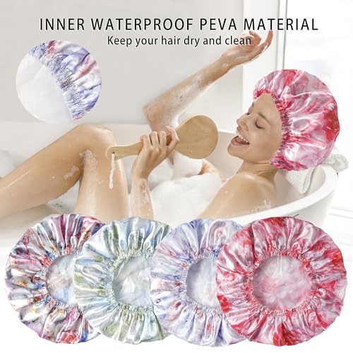 4 PCS Shower Caps for Women, 3D Printing Bath Caps, Double Layers Shower Cap Reusable Waterproof, Bathing Shower Caps, Environmental Protection Hair Bath Hat - Flower - color: 3D Flower 4 PCS/Set
