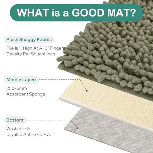 HOMEIDEAS Bathroom Rugs Set 2 Pieces, Ultra Soft Non Slip Absorbent Chenille Toilet Bath Mat Set (Sage Green) - color: Green-sage Green, size: 1'8" x 2'8" (U Shape 20"x24"+20"x32")