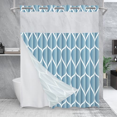 Yiatn No Hook Moonlight Blue Shower Curtain with Snap in Fabric Liner Set - Hotel Style with See Through Mesh Top Window, Modern Geometric Waterdrop Design,Waterproof and Washable, 71x74 INCH - color: Moonlight Blue, size: 71"W x 74"L (Pack of 1)
