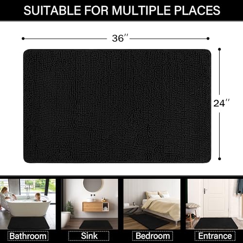 LOCHAS Luxury Bathroom Rug Shaggy Bath Mat 24 x 36 Inch, Washable Non Slip Bath Rugs for Bathroom Shower, Soft Plush Chenille Absorbent Carpets Mats, Black - color: Black, size: 2' X 3' (24''x36'')