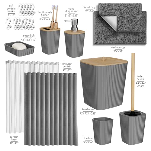 Clara Clark Bathroom Accessories Set - Bathroom Set, Bathroom Sets with Shower Curtain and Rugs, Shower Curtain Set with Bathroom Trash Can - Grey - 22PC - color: Grey, size: Complete Set + Bath Rugs