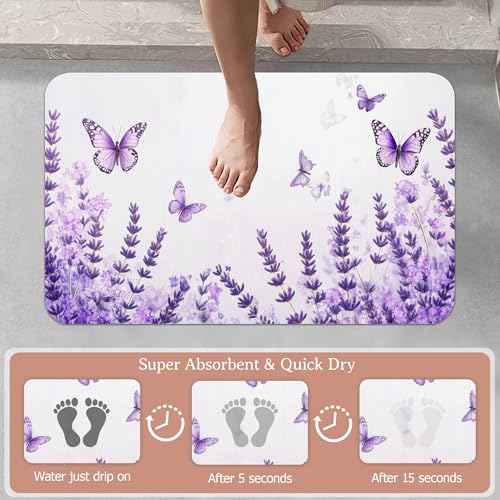 Diatomaceous Earth Bath Mat, Lavender Butterfly Bath Rugs, Purple Non-Slip Thin Absorbent Fast Drying Easy to Clean for Bathroom Laundry Home Kitchen Door Mat 17x29.5Inch - color: Lavender Butterfly,purple