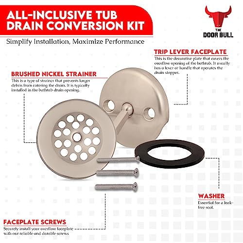 Trip Lever Bathtub Drain Kit with Strainer – 2-Hole Overflow Faceplate, Matching Screws – Tub Drain Trim Replacement Set for Bathroom Bathtubs - color: Brushed Nickel