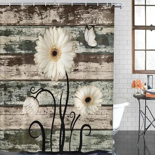 ArtSocket Vintage Flower Bathroom Set with Shower Curtain and Bath Rugs and Accessories,Daisy Wooden Non-Slip Shower Curtain Set,Bathroom Decor 3 Pcs - color: Vintage Flower