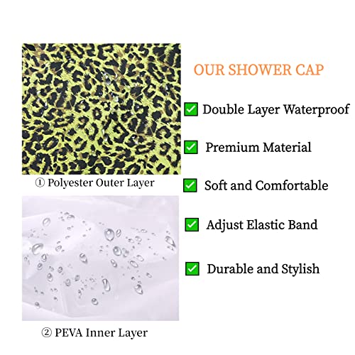 Fishent Adjustable Shower Cap, Large Reusable Shower Caps for Women Long Hair, Double Layer Waterproof Hair Cap, Adult Bathing Cap Shower Hat for Hair Protecton - color: Green Leopard, size: X-Large