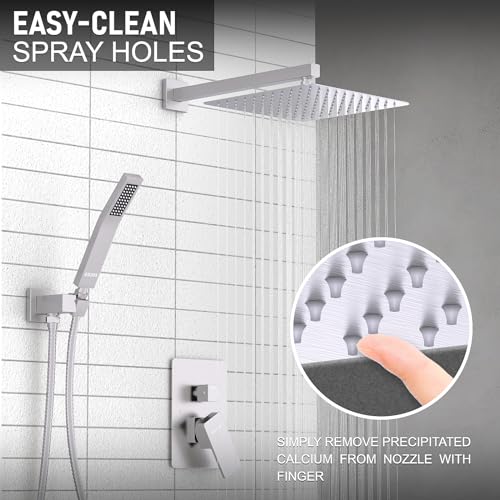 KOJOX Shower System with High Pressure 12 Inch Rainfall Shower Head, Handheld Shower head and Shower Faucet Trim valve, Bathroom Luxury Rain Mixer Shower Set Wall Mounted Brushed Nickel - color: Brushed Nickel, size: 12''