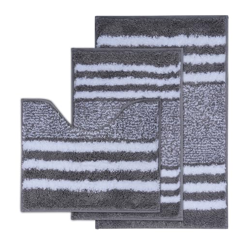 3 Piece Striped Bathroom Rug Set - U-Shaped Toilet Rug, Non-Slip Rubber Bottom, Ultra Soft Microfiber, Quick Dry - (Grey) - color: Light Grey