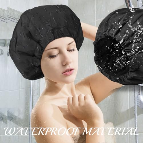 Shower Cap for Women Black Bath Cap, Reversible Large Waterproof Adjustable Shower Caps Terry Lining & Elastic Band Stretch Hem Hair Hat - color: BLACK