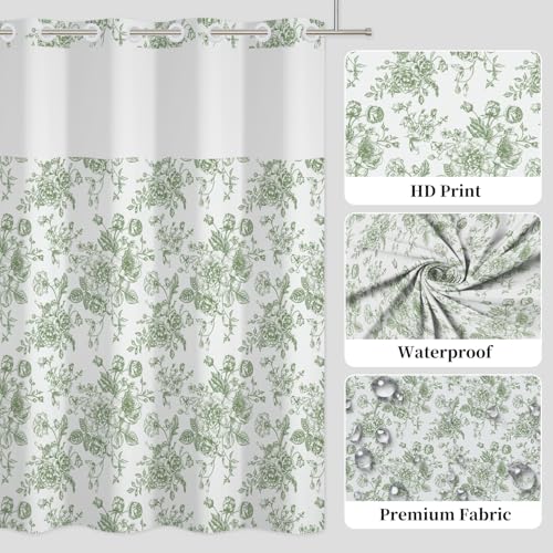 No Hook Cottagecore Floral Shower Curtain with Snap in Liner | 71x74 Inch, Sage Green Floral Shower Curtains for Farmhouse Bathroom, Waterproof Fabric Bath Curtain with Mesh Top Window - color: Green Floral