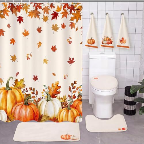 Haull 7 Pcs Fall Pumpkin Shower Curtain Set for Bathroom Autumn Leaves Non Slip Rug Toilet Lid Cover Bath Mat Towels with 12 Hooks Fall Waterproof Shower Curtain for Bathroom Autumn Thanksgiving Decor - style: Fall Pumpkin