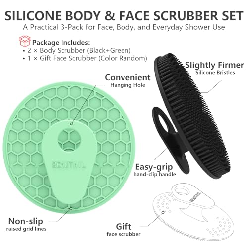 Silicone Body and Face Scrubber Set 3 Pack, BEAUTAIL Shower Bath Scrubber, Gentle Exfoliating Brush for Women Men Baby Sensitive Skin, More Hygienic Than Traditional Loofah, Long Lasting, Black+Green - color: Black+green