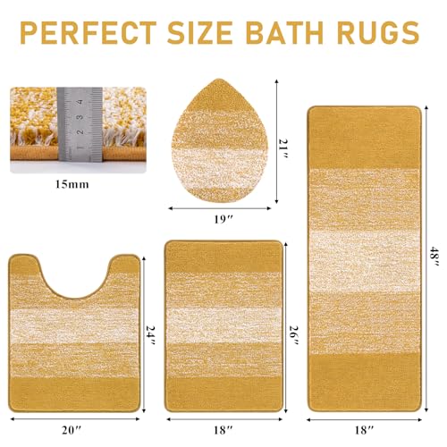 Bsmathom Bathroom Rug Set Bath Rugs Microfiber Non Slip Bathroom Set 4 Piece with Toilet Cover, Washable Absorbent Bath Mat, Mustard - color: Mustard, size: 18"x26"+18"x48"+U20"x24"+Cover19"x21"