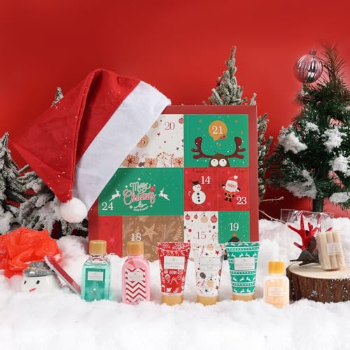 Christmas Advent Calendar 2025, 12 Days of Holiday Advent Calendar for Women, BODY & EARTH Spa Gift Baskets with Snowman Bath Bomb, Scented Candle, Christmas Hat, New Year Bath Set for Women - color: Green & Red