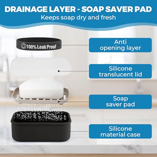 Compact Leakproof Travel Soap Case with Lid & Silicone Strap - Portable Draining Soap Bar Holder for Gym, Bathroom, Camping - Lightweight Silicone Soap Dish Container (Black) - color: Black