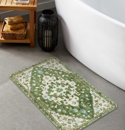 Uphome Vintage Tribal Bath Mat Sage Green Boho Non-Slip Bathroom Rug Oriental Soft Machine Washable Bathroom Mat Cute Aesthetic Floral Bath Mats for Bathroom Decor for Sink Tub Door Mat, 18x25 inch - color: Sage Green, size: 18x25 inch