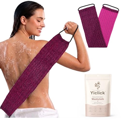 Yiclick Dual-Textured Exfoliating Washcloth Towel - Back Scrubber for Use in Shower Bath, Exfoliating Body Scrubber Exfoliator, Japanese Exfoliate Loofah Lufa Sponge Wash Cloth for Women Men - color: Magenta