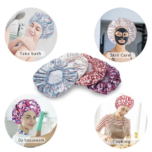 Shower Caps for Women, 4 PCS Elastic and Reusable Bath Caps, Double Layers Shower Cap Reusable Waterproof, Bathing Shower Caps, Environmental Bath Hair Protection Cap - Shell - color: Shell