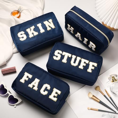 Preppy Makeup Bags Chenille Letter Stuff Bag Nylon Cosmetic Pouch Cases with Zipper for Women Travel Toiletry(Dark Blue,Classic,4 Pcs) - color: Dark Blue, size: Classic