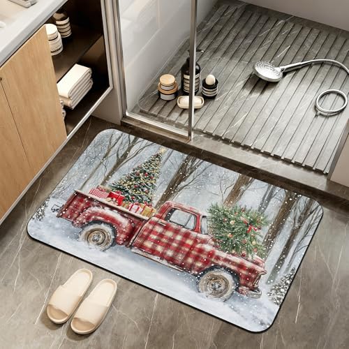 Merry Christmas Bathroom Rugs,Vintage Red Truck Bath Mats for Bathroom,Tree Low Pile Absorbent Bath Mat,Rubber Backing Non Slip Washable Thin Quick Dry Door Mat 17x29.5 Inch - color: Vintage Red Truck,christmas Tree