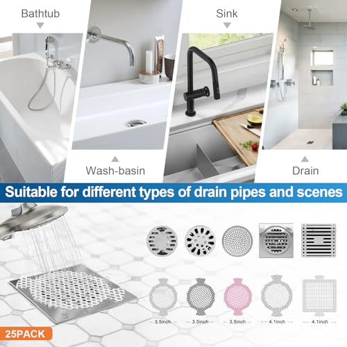 INVIHUG Disposable Shower Drain Hair Catcher Mesh Stickers, 25 Pack, Hair Catcher for Shower (White, 25pcs) NRHC-01