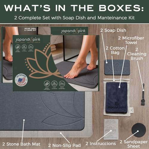 Lotus Stone Bath Mat Set (2 Mats) | Quick-Dry, Non-Slip Diatomaceous Earth Bath Mat, 23.6”×15.4” | West + East Bundle, Luxury Diatomite by JapandiSpirit