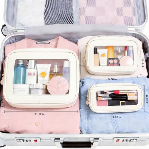 3-Piece Travel Clear Makeup Bag Set, Small Large Clear Cosemetic Bag with Makeup Brush Bag Waterproof Makeup Pouch with Zipper Toiletry Bags For Traveling Car Accessories for Women (White Set) - color: White Set