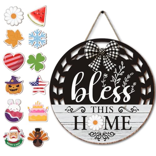 Interchangeable Seasonal Bless This Home Hanging Sign - Farmhouse Front Door Decoration for Spring All Seasons Holidays - Rustic Round Wood Wreaths with 12 Icons(White) - color: blesswhite2