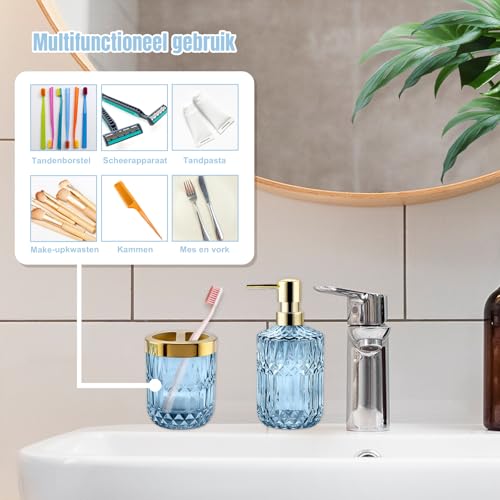 2Pcs Blue Bathroom Accessories Set, Glass Bathroom Accessories, Vintage Bathroom Countertop Decoration Includes Soap Dispenser, Toothbrush Holder - color: Blue, size: 2 Pcs