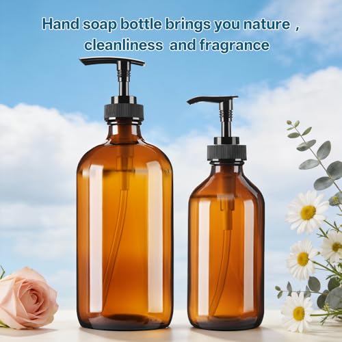 GIVAMEIHF Amber Glass Dispenser Bottles 2-Pack, 16oz Refillable Amber Glass Soap Dispenser with Pump, Brown Glass Containers for Kitchen & Bathroom - Dish Soap,Lotion,Shampoo,Conditioner & Body Wash