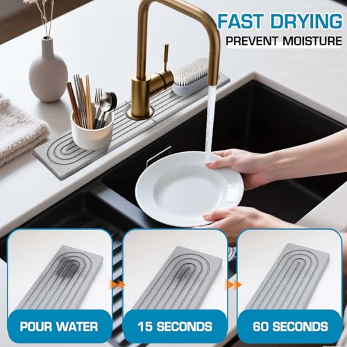 Self-Drying Stone Tray For Kitchen Sink,15.7" Water Absorbing Natura Diatomite Faucet Mat,Splash Organizer For Soap Dispenser,Sponge,Bathroom Vanity Rv Countertop Protector (Light Gray-Rectangle) - color: Light Gray-rectangle, size: 15.7" x 4"