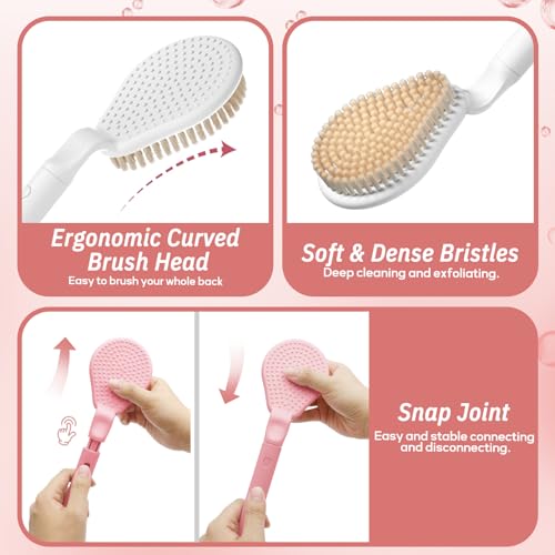 Back Scrubber for Shower & Silicone Bath Glove Set, 19’’ Detachable Long Handle Body Scrubber Wet or Dry Brush, Adjustable 2-in-1 Back & Body Brush with Soft Bristles for Deep Cleaning(White) - color: Back Scrubber-white