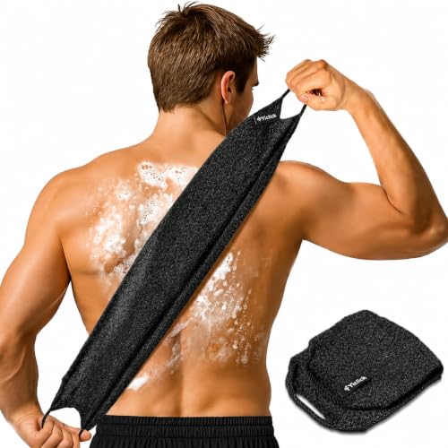 Yiclick Exfoliating Washcloth Towel with Handle, Back Scrubber for Shower, Exfoliating Body Scrubber Exfoliator, Japanese Wash Cloth for Body Scrub, Bath Sponge Loofah Luffa Washer Exfoliator - color: Charcoal