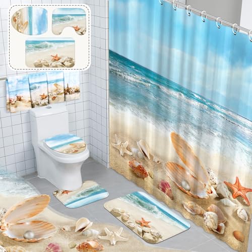 FuWeave 8 Pcs Summer Beach Shower Curtain Set Bathroom Decor Sea Ocean Waterproof Bathroom Accessories Shower Curtain Sets with Towels Carpet Bath Mat Toilet Rugs and 12 Hooks - color: Beach