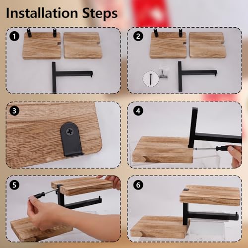 Wood Toilet Paper Holder with Shelf, Wall Mount Paper Roll Holder with Double Shelves, Farmhouse Wooden Bathroom Accessories, Home Apartment Washroom Restroom Decor Essentials (Walnut)