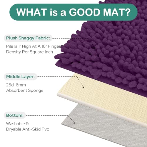 HOMEIDEAS Bathroom Rugs Set 2 Pieces, Ultra Soft Non Slip Absorbent Chenille Toilet Bath Mat Set (Purple) - color: Purple-purple, size: 1'8" x 2'8" (U Shape 20"x24"+20"x32")