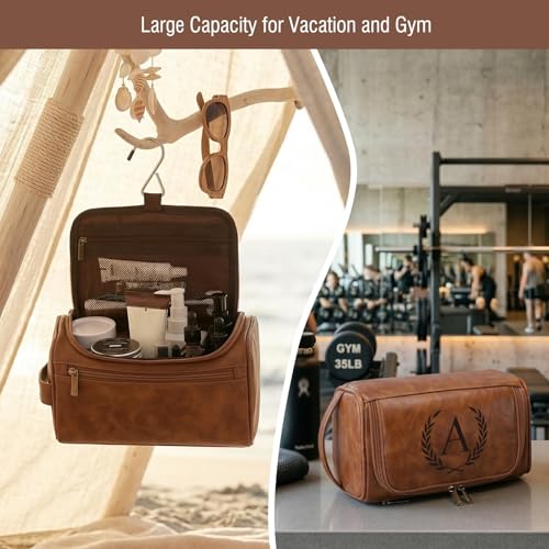 Travel Toiletry Bag Hanging For Mens PU Leather - Yellow Brown (Initial B) | Waterproof Dopp Kit Bag Beach Travel Essentials Bathroom Organizer, Personalized Gifts For Father Husband Groomsmen Birthday - color: Yellow Brown, style: B