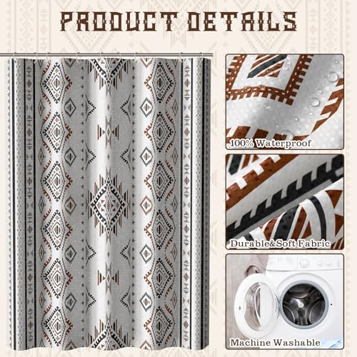 HunnmingRe Western Shower Curtain Waffle Southwest Aztec Geometric Stripes Fabric Shower Curtain Set with Hooks for Bathroom 72 x 72 Inches Farmhouse Boho Bath Curtains(Brown) - color: Brown